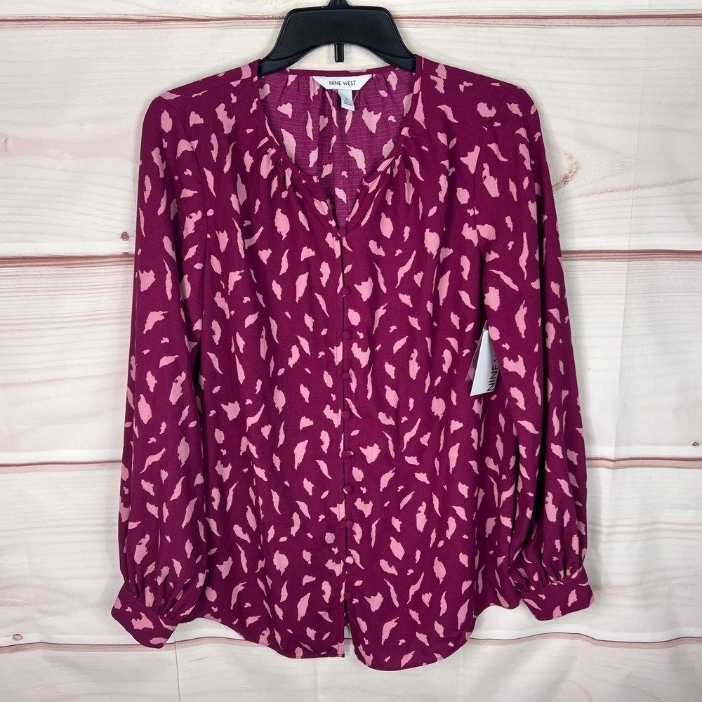 Nine West Top Womens S Purple Printed Blouse Button Up Long Sleeve Round Neck